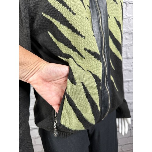 Jamie Sadock Womens Medium Zip Up Cardigan Sweater Faux Leather Black Green - Picture 4 of 9