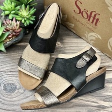 NIB Sofft Vanita 8W Strappy Slingback Leather Wedge Sandal Black/Copper