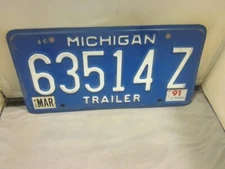 MICHIGAN LICENSE PLATE # 63514 Z TRAILER EXPIRED OVER 3 YEARS BLUE AND WHITE