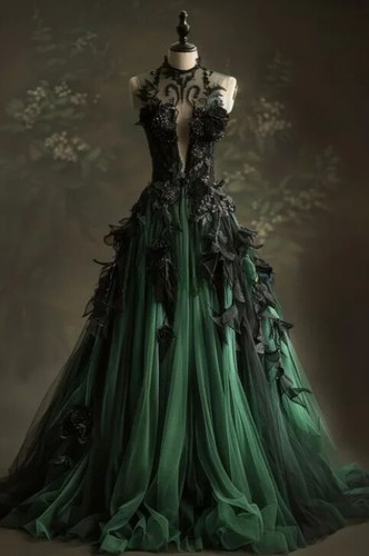 Línea A Verde Negro Tul Largo Baile de graduación Vestidos Espalda Encaje Apliques Noche Fiesta Vestido - Imagen 1 de 5