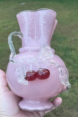Vasa Murrhina Mica Spangle Art Glass Vase with Applied Cherries and Leaves