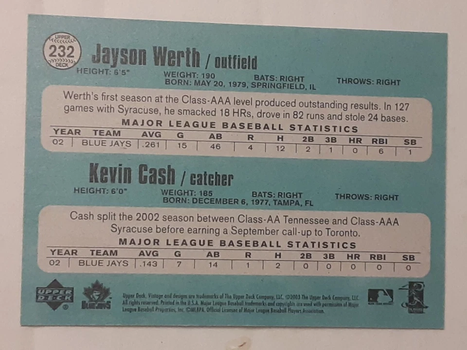 2003 MLB Upper Deck Vintage Rookies | Jayson Werth & Kevin Cash | #232 - Image 2 of 2