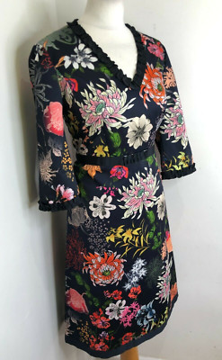 MARCCAIN navy floral satin ruffle edged dress Size 3 VGC smart wedding party