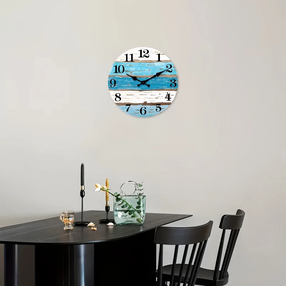 12 inch retro blue and white striped beach wall clock，wooden wall decorations - Image 2 of 4