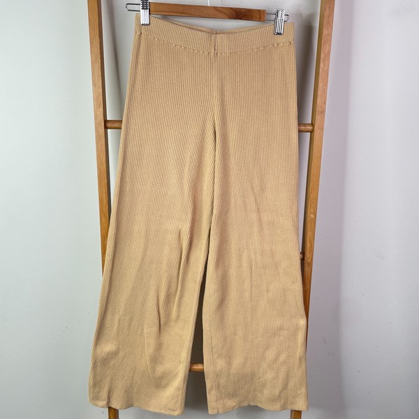 Zulu & Zephyr Rib Knit Wide Leg Pants Womens 8 Beige Pull On High Waist Minimal