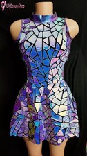 Purple Blue Laser Mirror Sequins Sleeveless Short Dress Women Singer Dancer