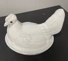 Vintage Hen On Nest Milk Glass  Red Eye Split Tail Turned Head 7”