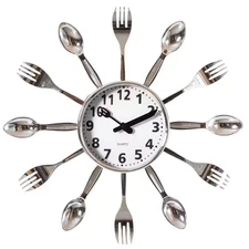 Silver Decorative 3D Cutlery Utensil Spoon and Fork Wall Clock for Kitchen, Play
