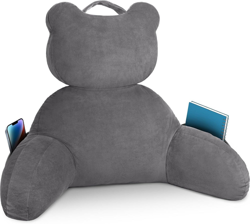 Reading Pillow, Back Pillow with Pockets for Bed Sitting Up, Large, Grey