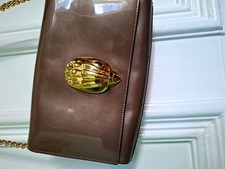 Brown Patent Leather Small Shoulder Bag, Gold Chain Strap, Magnetic Closure