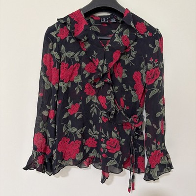 I.N.C International Concept Silk Black Red Floral Ruffle Wrap Blouse Size 4