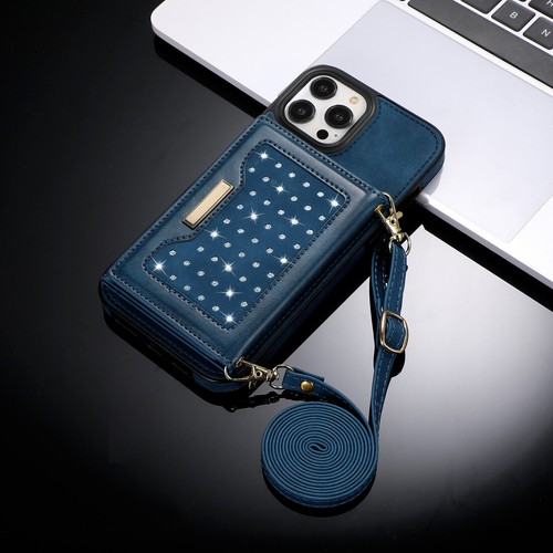 For iPhone 15 Pro Max 14 12 11 XR 8 Diamond Leather Wallet Lanyard Cover Case - Picture 36 of 72
