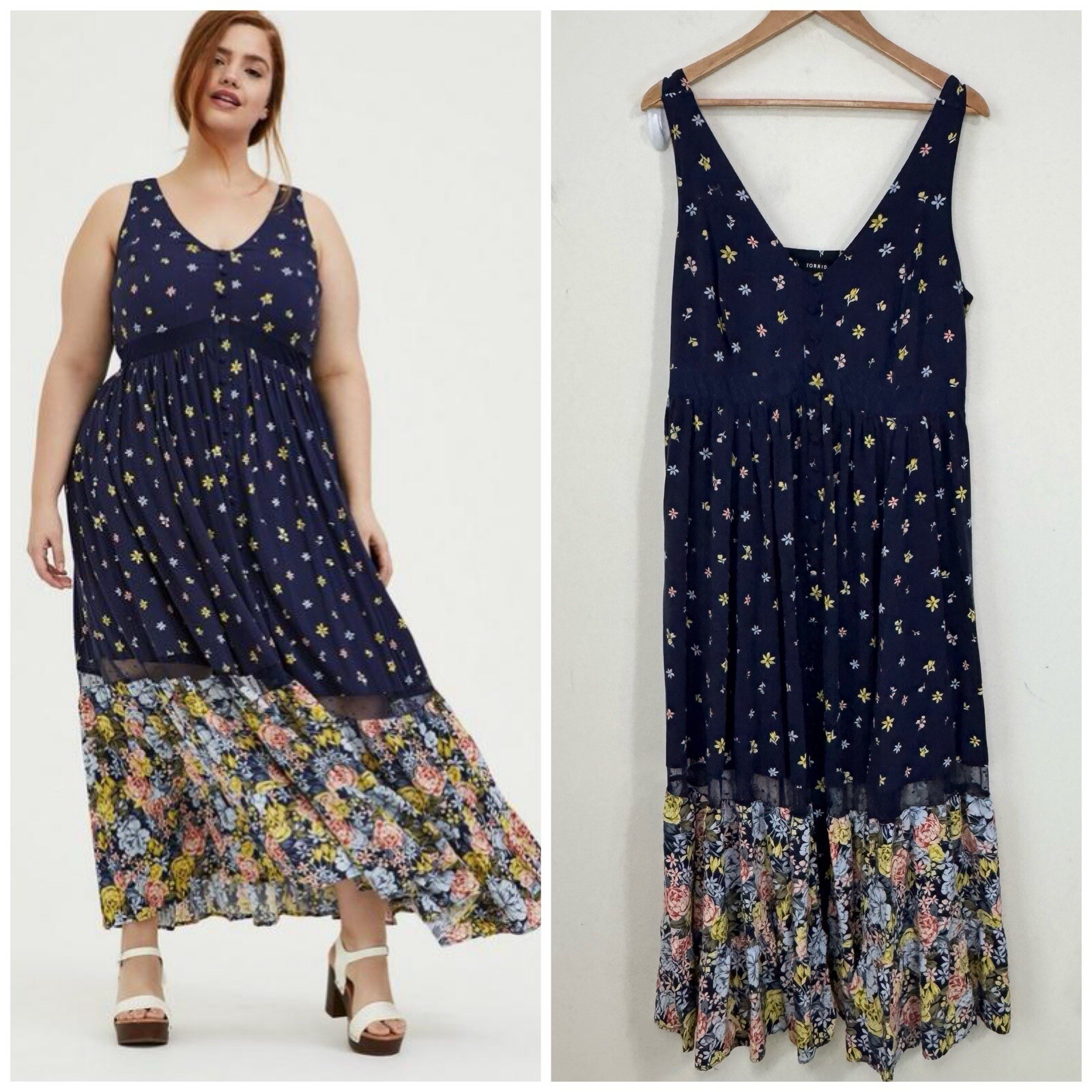 TORRID Maxi Challis Button-Front Smocked Dress PLUS SIZE 1X Navy Floral Lined
