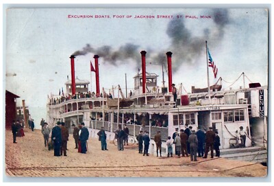 St. Paul Minnesota MN Postcard Excursion Boats Foot Jackson Street c1910 Vintage