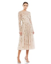 Mac Duggal 10799 Beaded Floral Long Sleeve Cocktail Midi Dress Sz 4 Nude