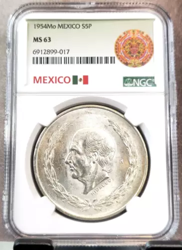 1954 MEXICO SILVER 5 PESOS S5P HIDALGO NGC MS 63 BEAUTIFUL RARE KEY DATE