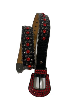 Super Bling Western Rhinestone Belt Black Leather Red Studded