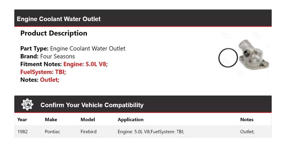 Pontiac Firebird 1982 5,0 L motor V8 refrigerante salida de agua 4 estaciones Foto 2 de 4