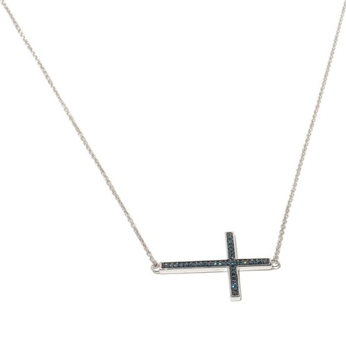 Womens Blue Diamond Cross Charm Sterling Silver Necklace, New - Picture 2 of 4