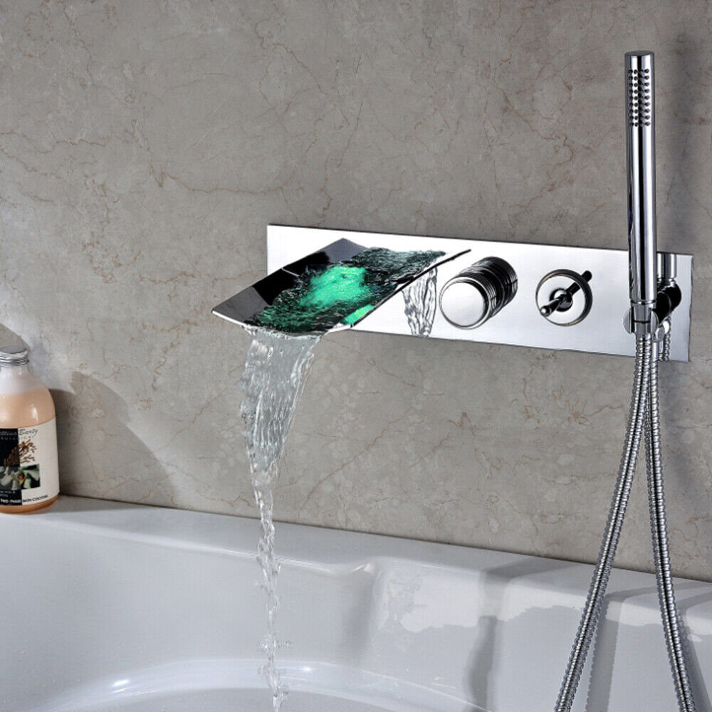 LED Bathtub Chrome Shower Waterfall Handheld Sprayer Brass Fauce