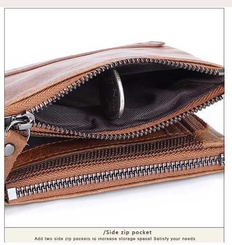 Men's RFID Genuine Leather DZ Bifold Double Zipper Coin Pocket Purse Wallet - Picture 4 of 15