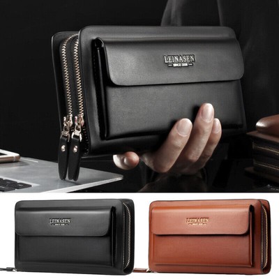 Men's Long Wallet Leather Zipper Large Phone Holder Bag Business Clutch Handbag