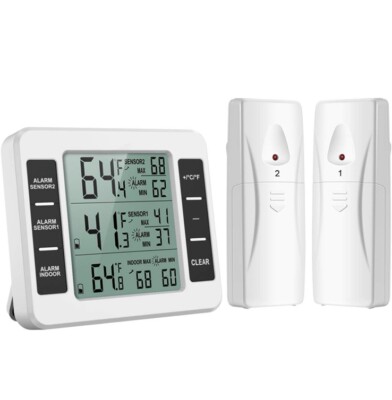 Wireless Digital Refrigerator Freezer Thermometer Temp Alarm 2 Sensor In/Outdoor