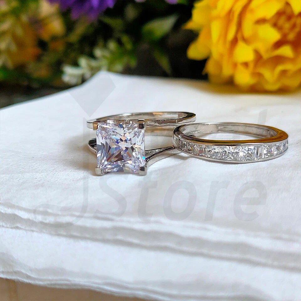 3 Karat Princess Diamant Hochzeit Braut Ring Set Verlobungsring Weißgold-Finish - Bild 4 von 4