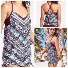 Athleta Wild Bloom Marrakesh Tankini Top/Swim Dress 34 D/DD Purple Geometric