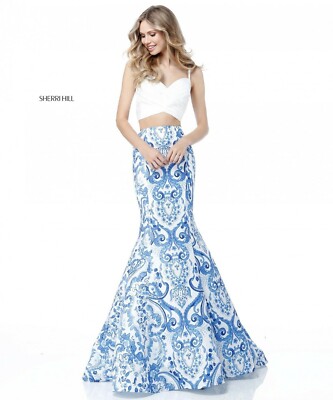 sherri hill blue and white dress