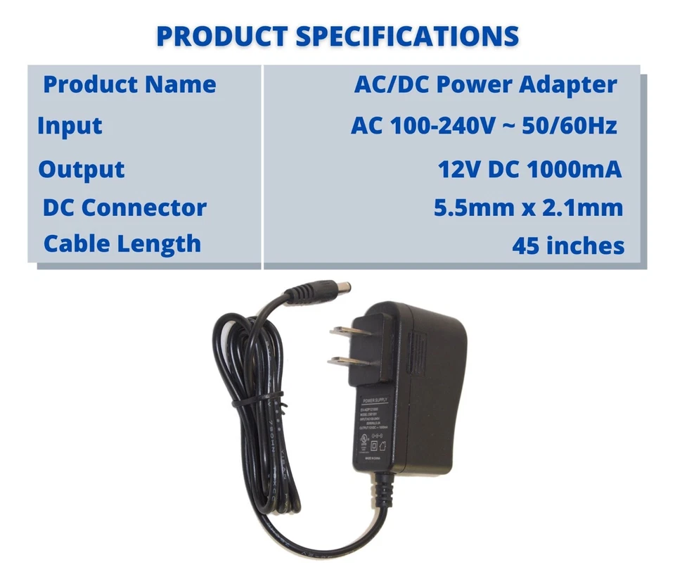 DC 12V 1A 1000mA Power Supply Adapter Wall Charger with 5.5 x 2.1 mm DC Plug - Image 3 of 4