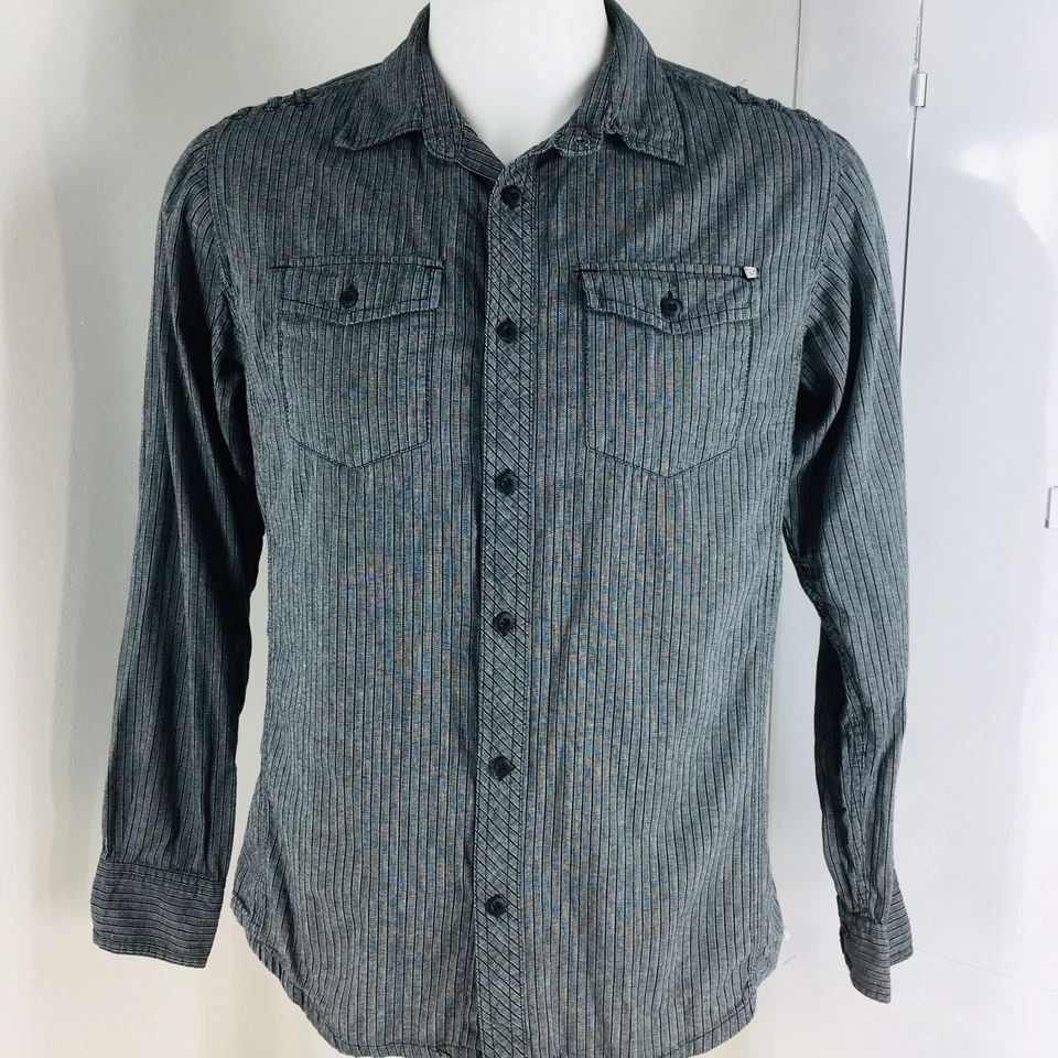 Ocean Current Men's Sz M Dress Shirt Black Striped Long Sleeve Button Up Cotton - Image 2 of 4