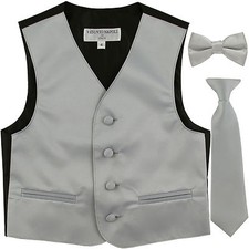 New Boy's Kid's formal Tuxedo Vest Waistcoat necktie  bowtie Silver size 2-14