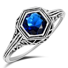 1CT Treated Blue Sapphire 925 Sterling Silver Filigree Ring Sz 8 XB3-8