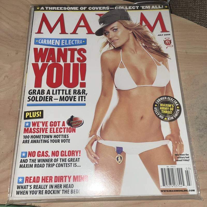 Maxim 7/05,Carmen Electra,Kim Smith,Kelly Hu,Donna Feldman,July 2005,NEWSSTAND