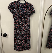 Liz Claiborne Women’s Faux Wrap Dress Sz 4 Navy Coral Abstract Print NWT NEW
