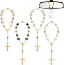 4Pcs Pendant Rosary Beads, Cross Car Rearview Mirror Hanging Ornament, Auto Inte