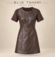 Elie Tahari Buffy Truffle Brown Lambskin Leather Ponte Mini Dress Size 0 NWT