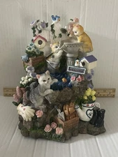 San Francisco Music Box Musical Water Fountain Kitty Cats in Garden Tabletop