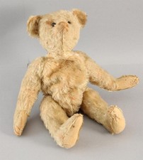 12-Inch Early-20thC Antique Jointed Mohair Humpback Teddy Bear, Shoe Button Eyes