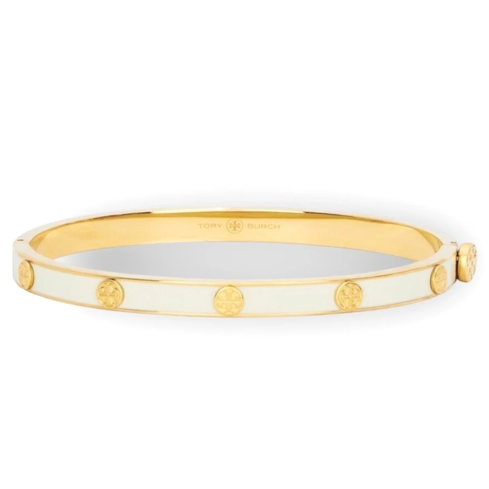 TORY BURCH MILLER 5MM WHITE AND GOLD HINGE BRACELET - Image 2 of 4