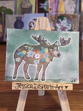 ACEO Original Watercolor Painting Floral Animal Jessica Disparti Moose Flowers