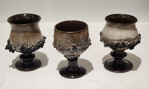 Vintage GLIT Handmade Icelandic Art Lava Ceramics Goblets Pottery - Set of Three