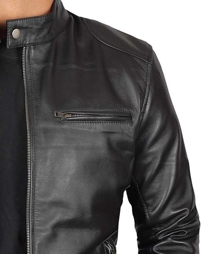 Decrum Mens Leather Jacket - Cafe Racer Style Real Lambskin Leather Jacket Men - Picture 3 of 4