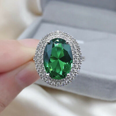 2Ct Oval Cut Simulated Emerald Double Halo Engagement Ring 14K White Gold Plated