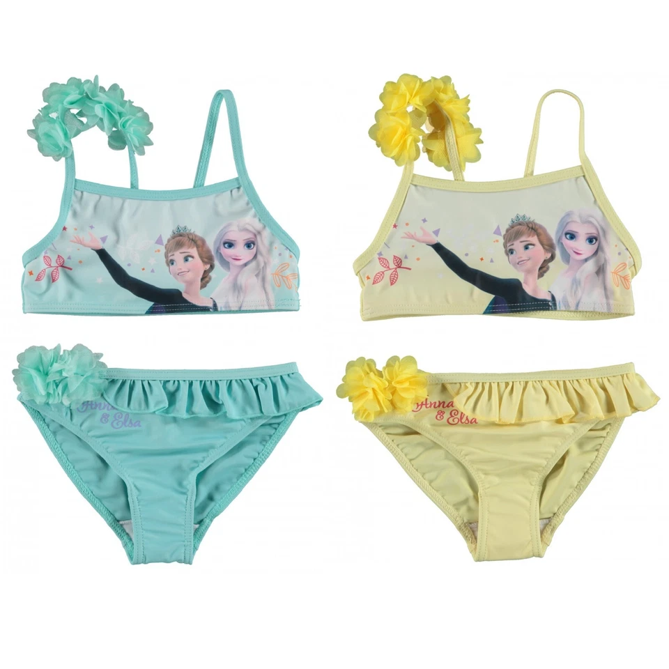 Disney Frozen Décoré Fleurs Maillot de Bain Bikini 2x Pièces Mer Piscine 4-8anni - Photo 1/1