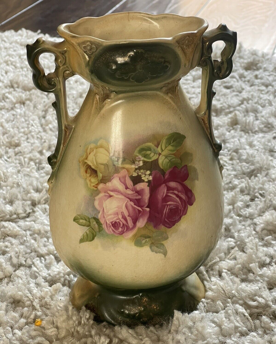 Antique Victorian Two Handled Flower Gilded Vase Green with Roses