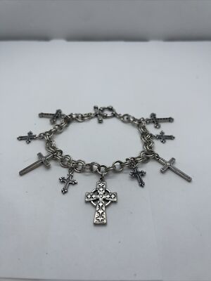 Sterling silver charm bracelet w/ cross charms signed SJC