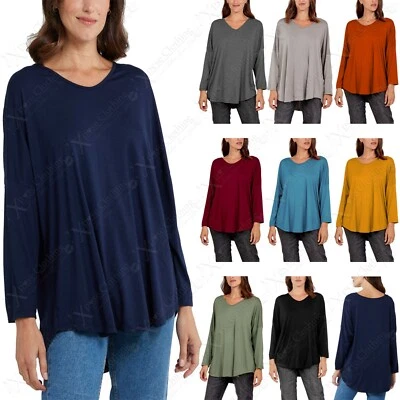 NEW WOMENS V-NECK LONG SLEEVE TOP LOOSE BATWING HI LO HEM BAGGY T-SHIRT LADIES - Image 1 of 2