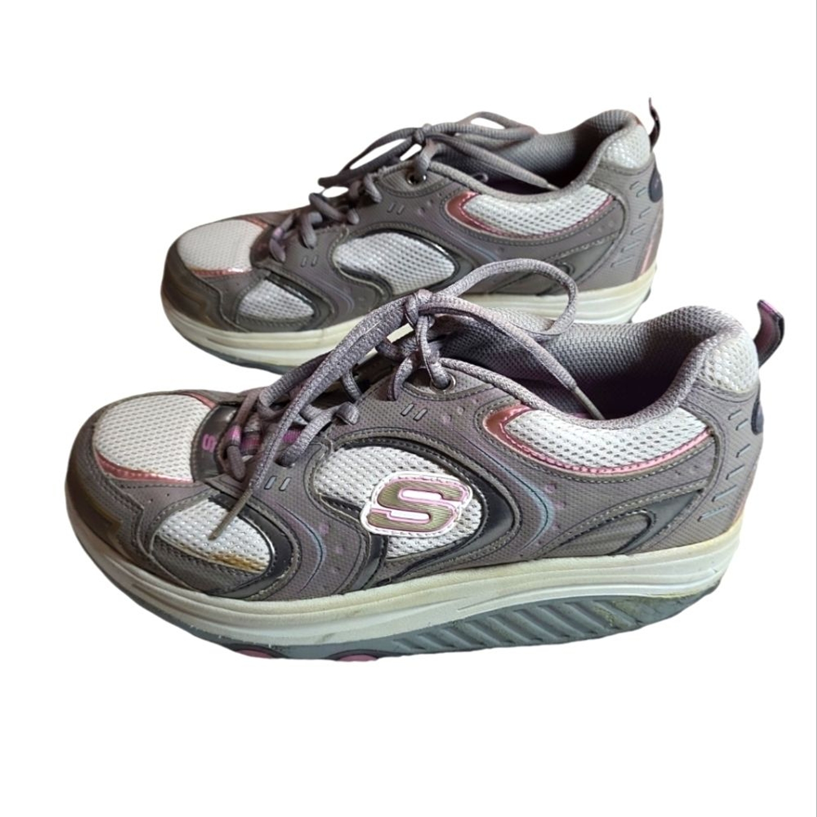 Skechers platform Shape Ups Silver/Gray Pink comfirt comfy Walking